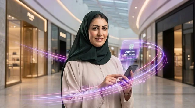 Emirati Woman Making Digital Payment in Mall Emirati Woman Making Digital Payment in Mall