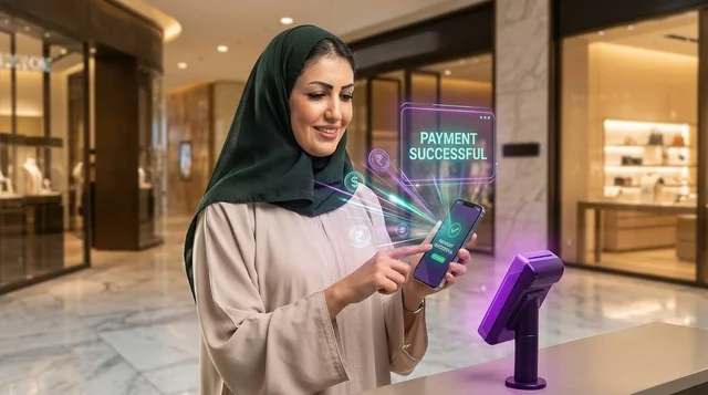 Emirati Woman Making Contactless Mobile Payment in Mall