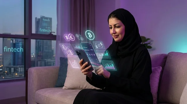 امرأة سعودية تستخدم تقنية هولوجرام التمويل بالهاتف