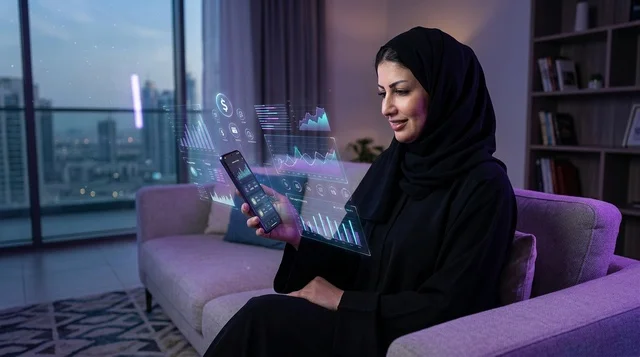 امرأة سعودية تستخدم تقنية هولوجرام التمويل بالهاتف