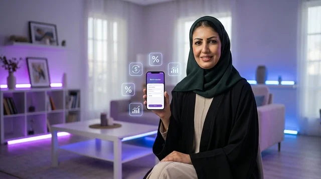 Emirati Woman Holding Smartphone with Financial App