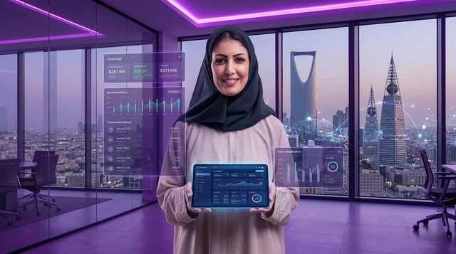 سيدة أعمال سعودية تحمل جهازًا لوحيًا في مكتب بالرياض