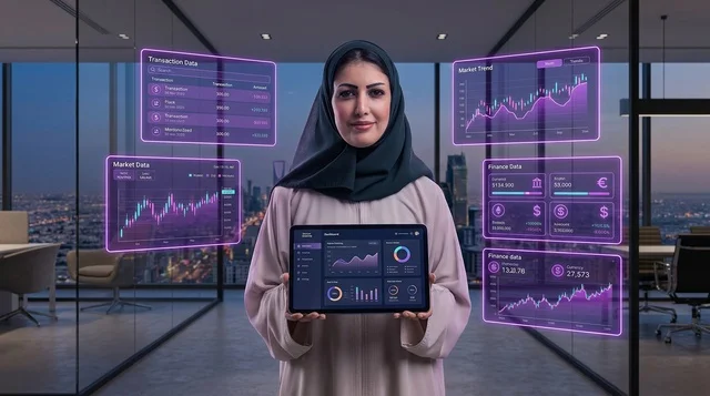 سيدة أعمال إماراتية مع شاشات بيانات هولوغرامية