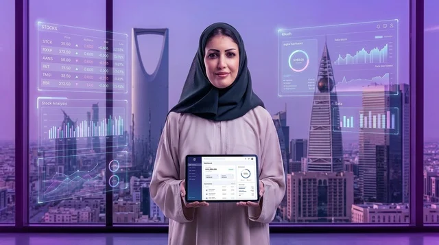 سيدة أعمال سعودية تحمل جهازا لوحيا في الرياض