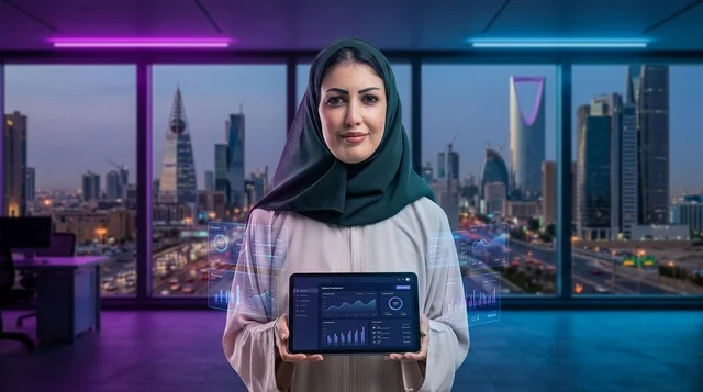 سيدة سعودية تعمل على كمبيوتر هولوغرام مالي
