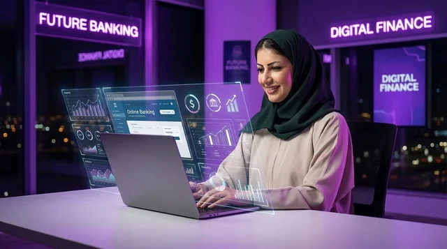سيدة سعودية تعمل على كمبيوتر هولوغرام مالي