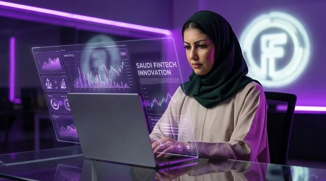 سيدة سعودية تعمل على كمبيوتر هولوغرام مالي