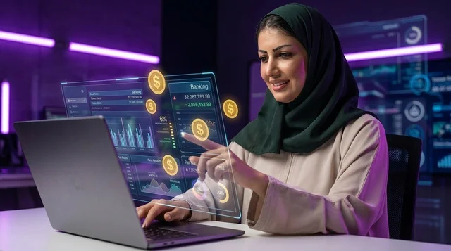 امرأة سعودية بالحجاب تستخدم هولوجرام مالي ومصرفي مستقبلي