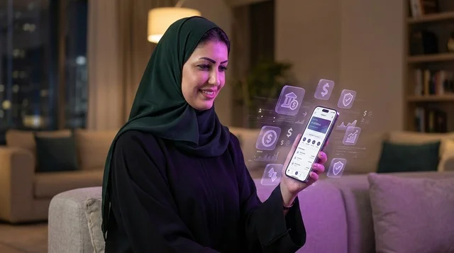Saudi Woman Using Digital Banking App on Smartphone