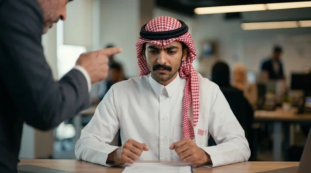 رجل أعمال سعودي متوتر في مواجهة عمل داخل مكتب الشركة