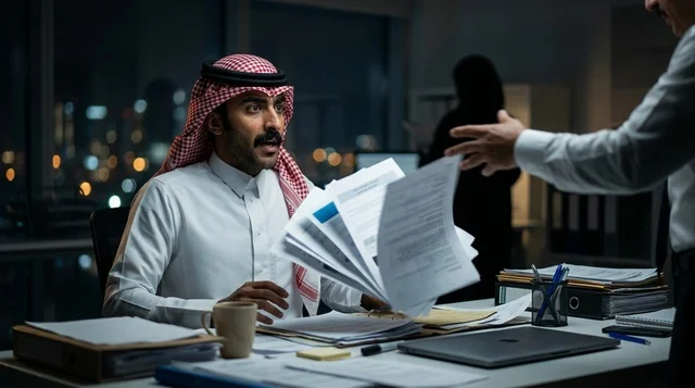 Stressed Saudi Businessman at Office Desk Night Shift