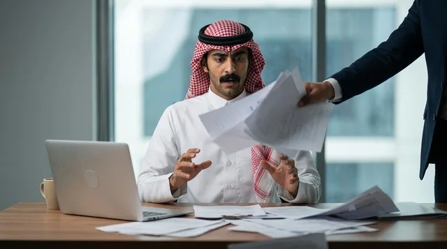 رجل أعمال سعودي مصدوم أمام كومة أوراق في المكتب