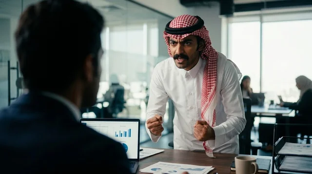 رجل أعمال سعودي غاضب يجادل موظف في المكتب