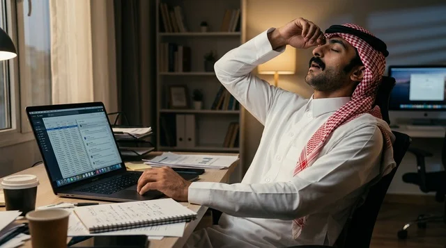 Tired Saudi Businessman Working Late at Office Desk