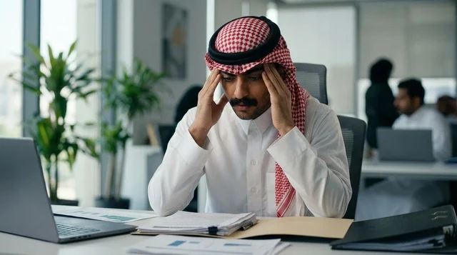 رجل أعمال سعودي متعب يعمل ليلاً في مكتبه أمام اللابتوب