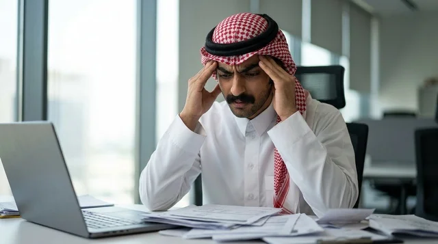 رجل أعمال سعودي متعب يعاني من ضغط العمل في المكتب