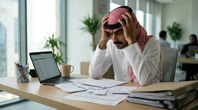 رجل أعمال سعودي متوتر في مكتب العمل مع أوراق
