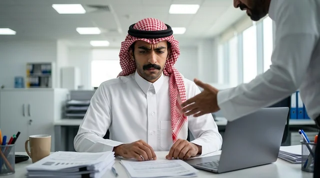 رجل أعمال سعودي متوتر في مكتبه أمام الكمبيوتر