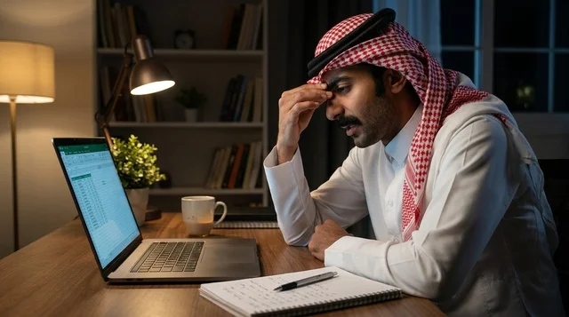 رجل أعمال سعودي متعب أمام اللابتوب في المكتب ليلا