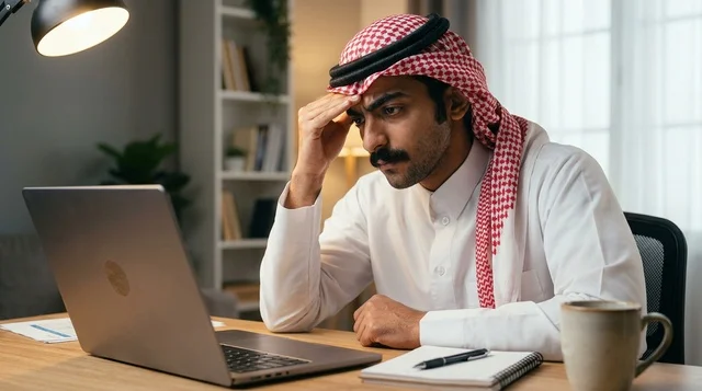 رجل أعمال سعودي متعب يعمل ليلاً في مكتبه أمام اللابتوب
