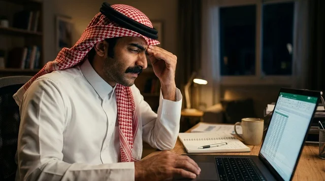 رجل أعمال سعودي متعب يعمل على الكمبيوتر المحمول ليلاً