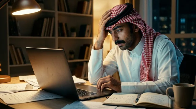 رجل أعمال سعودي يرتدي شماغ يعمل ليلا على اللابتوب بمكتبه رجل أعمال سعودي يرتدي شماغ يعمل ليلا على اللابتوب بمكتبه