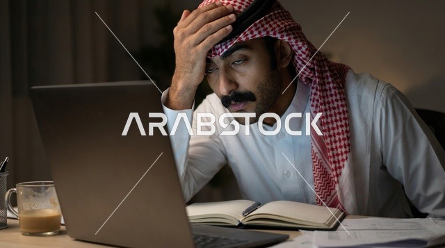 رجل سعودي متعب يعمل على الكمبيوتر المحمول ليلاً
