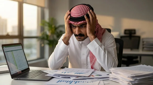 رجل أعمال سعودي متوتر في مكتبه مع الأوراق والكمبيوتر رجل أعمال سعودي متوتر في مكتبه مع الأوراق والكمبيوتر