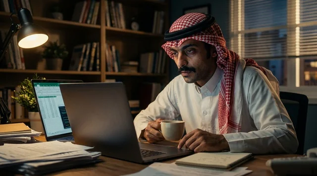 رجل سعودي بالزي التقليدي يعمل ليلاً على المحمول
