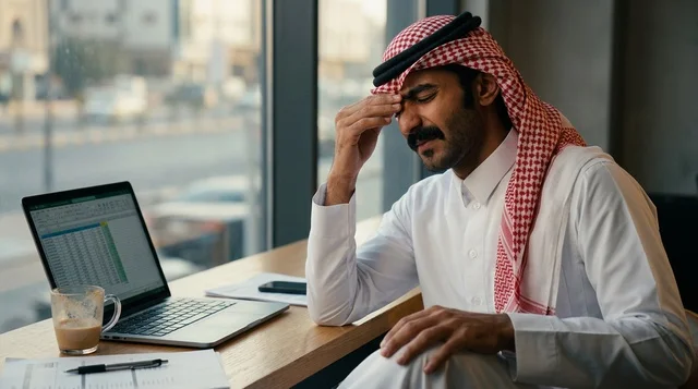 رجل أعمال سعودي مرهق يعمل على كمبيوتر محمول