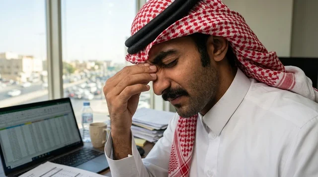 رجل أعمال سعودي يعاني من الصداع والإرهاق في المكتب