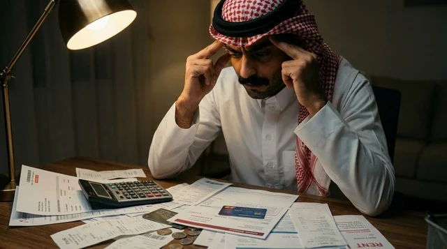 رجل سعودي قلق يراجع الفواتير والديون المتراكمة ليلاً رجل سعودي قلق يراجع الفواتير والديون المتراكمة ليلاً