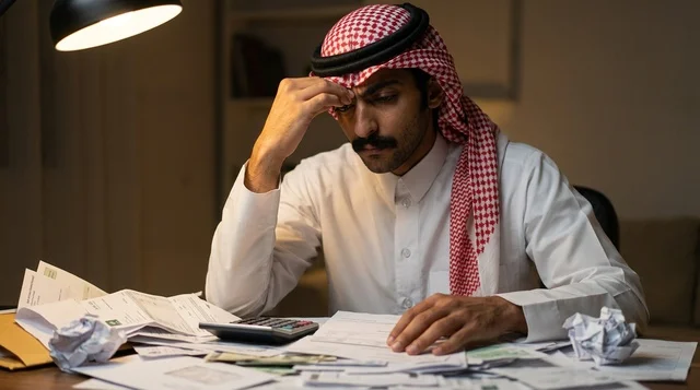 رجل أعمال سعودي متعب يعمل ليلاً في مكتبه أمام اللابتوب