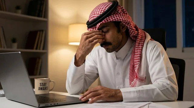رجل أعمال سعودي متعب يعمل ليلاً في مكتبه أمام اللابتوب