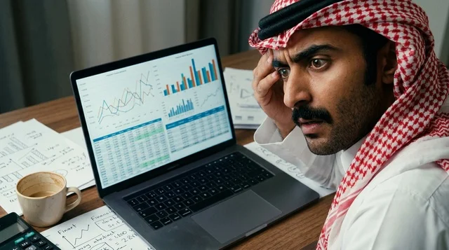 رجل أعمال سعودي مصدوم ينظر إلى شاشة الكمبيوتر المحمول