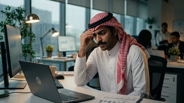 رجل أعمال سعودي مرهق يعمل أمام الكمبيوتر بالمكتب