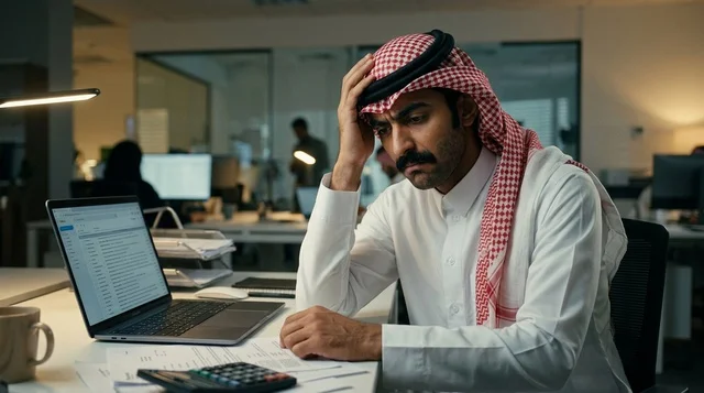 Stressed Saudi Businessman Working Late in Office
