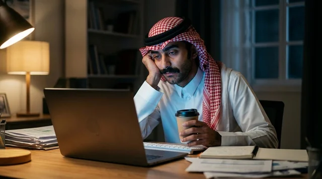 Tired Saudi Businessman Working Late at Night in Office Tired Saudi Businessman Working Late at Night in Office