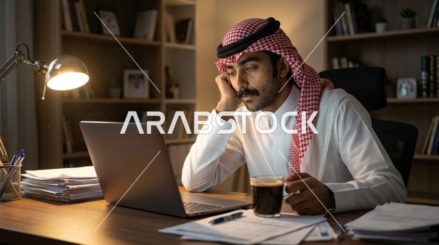 رجل سعودي متعب يعمل على المحمول في مكتبه ليلا