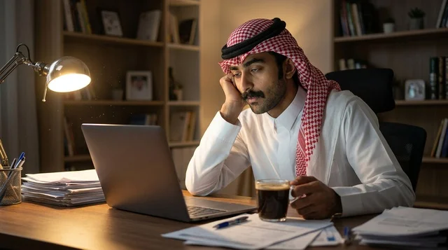 Tired Saudi Man Working Late on Laptop at Office Desk
