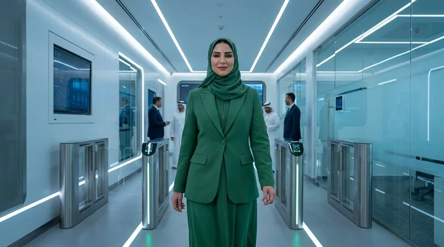 A Saudi woman passes through a futuristic digital gate in a smart office.