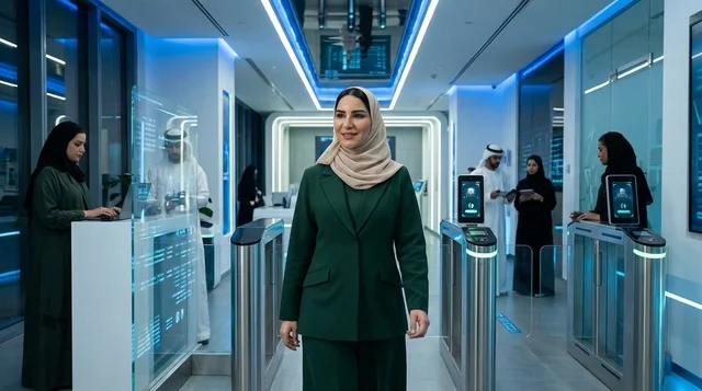 Emirati Businesswoman in Futuristic Dubai Office Gate