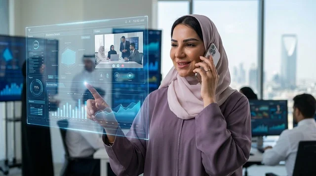 سيدة أعمال سعودية مع شاشة هولوجرام في مكتب بالرياض