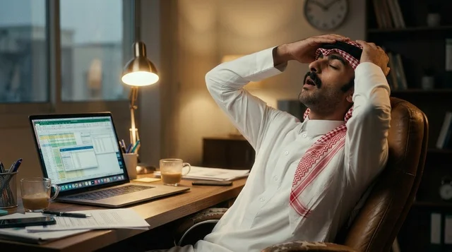 موظف سعودي مرهق يشعر بالصداع والتوتر في مكتبه ليلاً