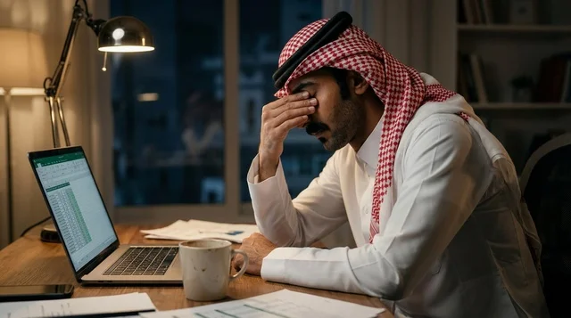 رجل أعمال سعودي متعب يعمل ليلاً في مكتبه أمام اللابتوب
