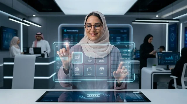 امرأة سعودية تستخدم الهولوجرام للخدمات المصرفية الرقمية