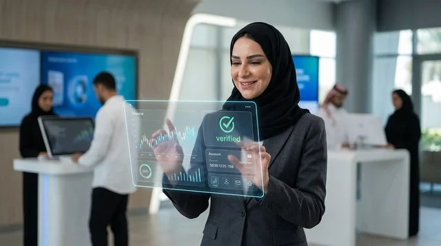 Arab Businesswoman Using Digital Hologram in Modern Office