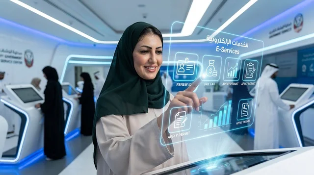 امرأة إماراتية تستخدم الخدمات الحكومية الذكية في دبي