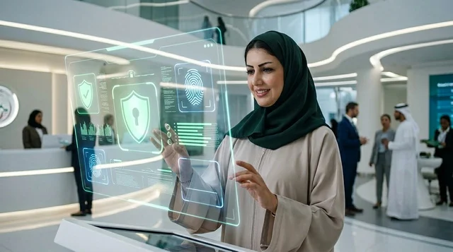 امرأة إماراتية تتفاعل مع شاشة هولوغرام في مكتب ذكي