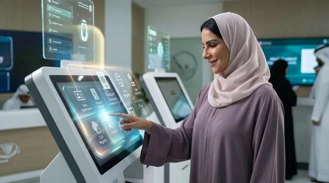 امرأة إماراتية تتفاعل مع شاشة هولوغرام في مكتب ذكي